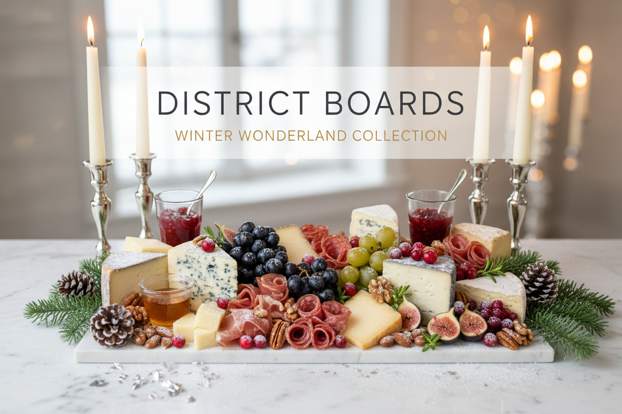 “Luxury winter wonderland charcuterie aesthetic for District Boards (DC/MD/VA). Jewel‑tone accents, frosted silver details, soft candlelight, minimal serif + modern sans type, airy negative space, refined food styling, cinematic shallow depth of field. Color palette: icy blue (#DCE9F5), winter white (#F7F8FA), champagne gold (#D9C89E), evergreen (#23423A), cranberry (#9E2B33), charcoal (#2B2B2B). Include subtle snow‑kissed textures, glass, marble, and evergreen sprigs. Avoid cheesy holiday clip art.”