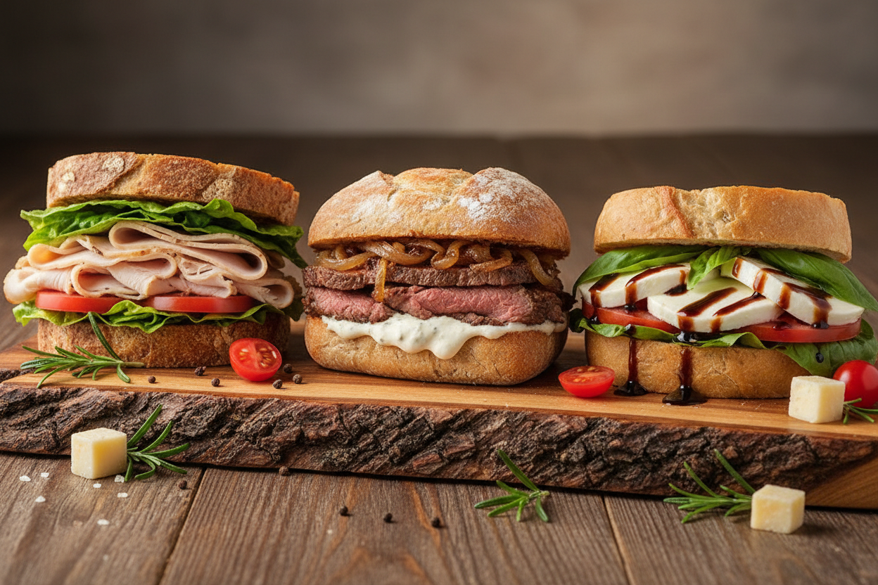 Create a realistic image of a sliced turkey sandwich, a roasted beef sandwich, and a caperese sanwich all piled high on a charcuterie board 