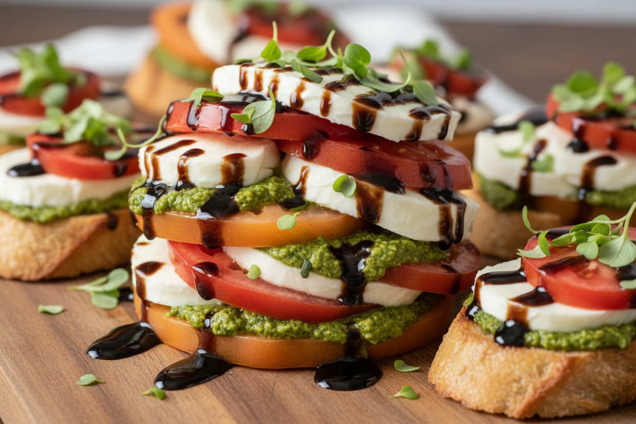 Create a realistic image  of Thick-cut heirloom tomatoes and buffalo mozzarella layered with a nut-free basil pesto and a heavy drizzle of 12-year aged balsamic glaze. Garnished with fresh micro-basil on a crusty French baguette on a charcuterie board