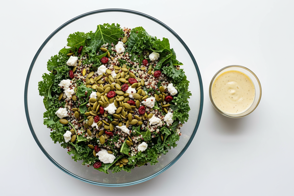 Create realistic image of A base of  lacinato kale and tri-color quinoa, tossed with toasted pepitas, dried Persian barberries, and crumbled goat cheese. Served with a side of lemon-tahini vinaigrette in a premium clear bowl.