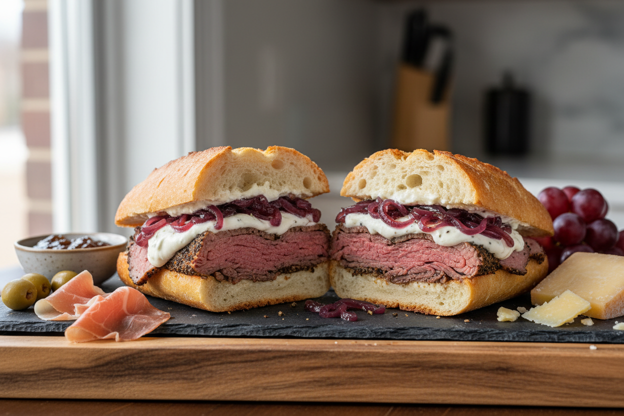 Create realistic image of Thinly shaved, pepper-crusted roast beef topped with a sharp horseradish crème fraîche and balsamic-marinated red onions on a french baguette on a charcuterie board