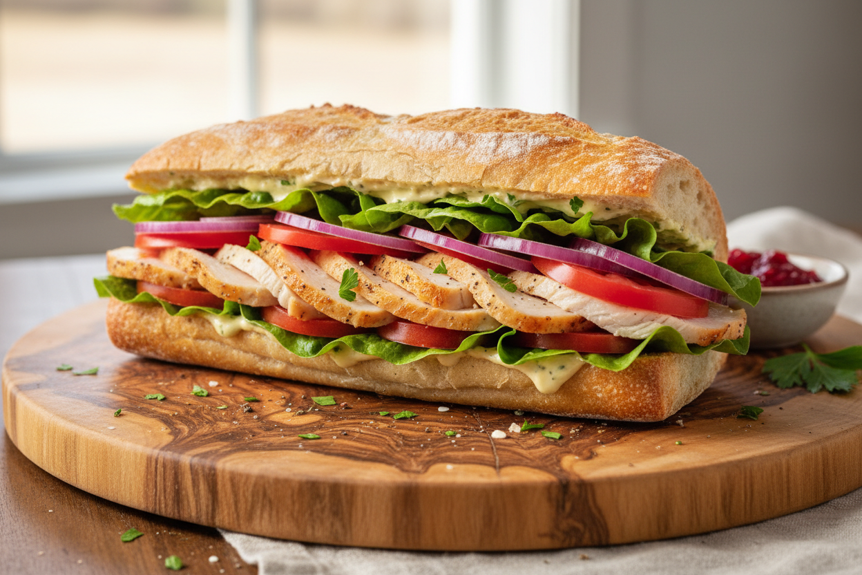 Generate realistic turkey sandwich on baguette that is served on round charcuterie board