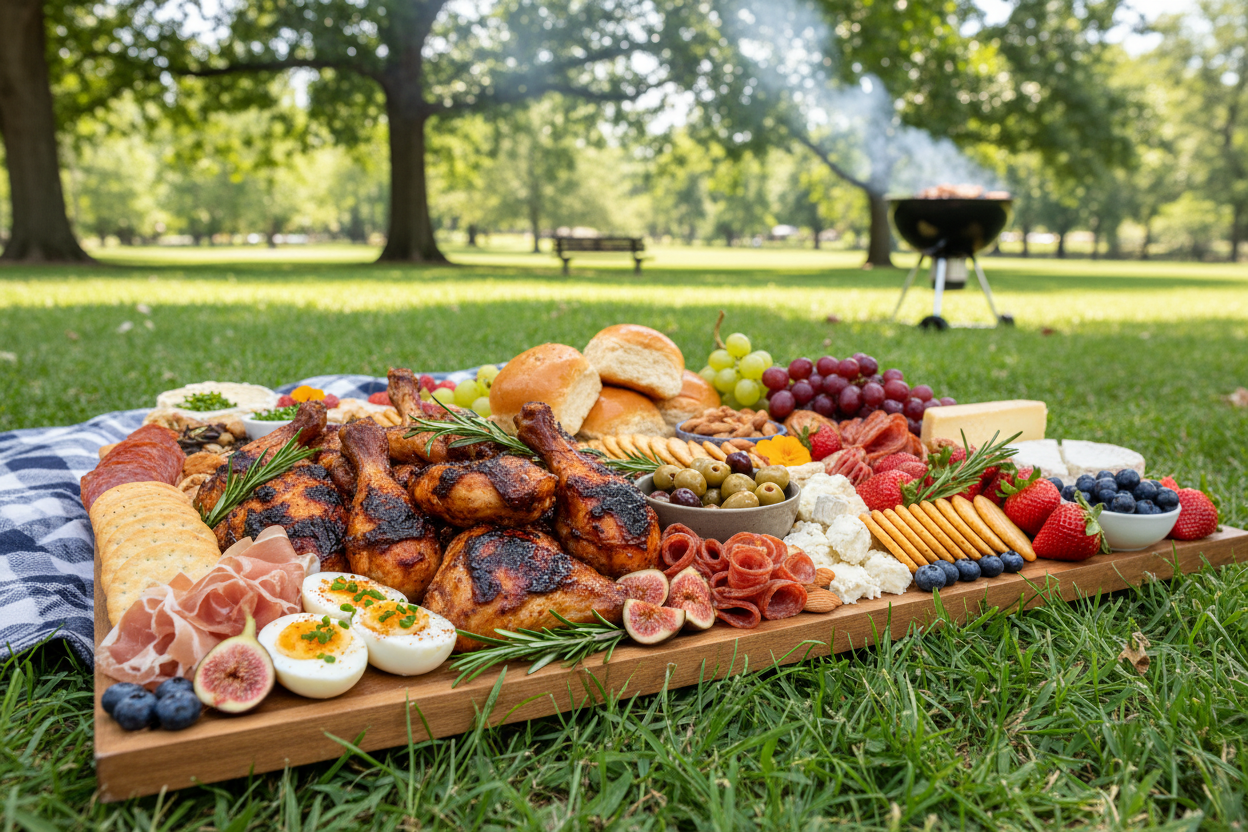 the board should have elements of a BBQ plate with Grilled and BBQ Chicken, Deviled Eggs and the other charcuterie elements 